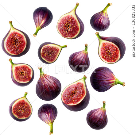 Fresh ripe purple figs, whole and halved, with green leaves, isolated on white background, concept of healthy fruit Fresh ripe purple figs, whole and halved, with green leaves, isolated on white background, concept of healthy fruit 136825332