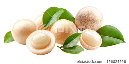 Whole and halved longan fruits with juicy translucent flesh and green leaves isolated on white background Whole and halved longan fruits with juicy translucent flesh and green leaves isolated on white background 136825336