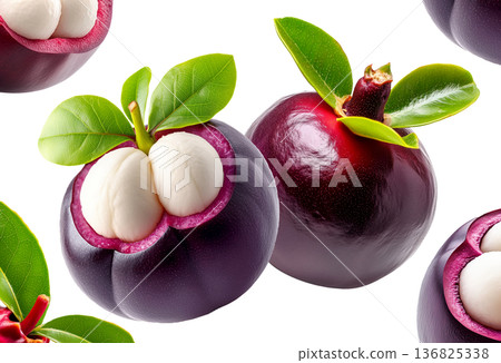 Whole and halved mangosteen fruits with green leaves isolated on white background, concept of tropical exotic fruits pattern Whole and halved mangosteen fruits with green leaves isolated on white background, concept of tropical exotic fruits pattern 136825338