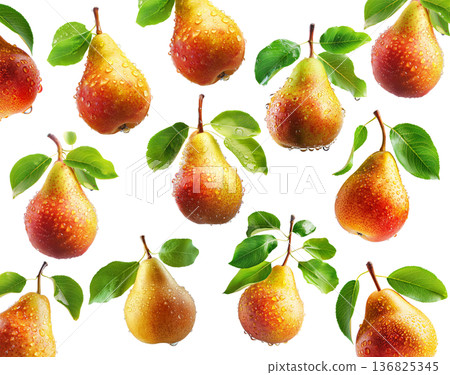 Juicy red yellow pear with water drops and sliced halves, isolated on white background, concept of freshness and fruit Juicy red yellow pear with water drops and sliced halves, isolated on white background, concept of freshness and fruit 136825345
