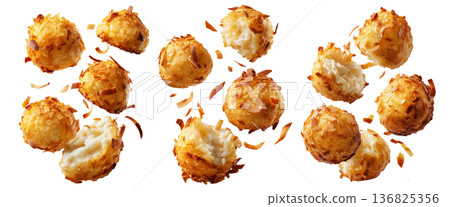 Banana coconut rice balls topped with toasted almonds, isolated on white background, concept of Micronesia Asian dessert Banana coconut rice balls topped with toasted almonds, isolated on white background, concept of Micronesia Asian dessert 136825356