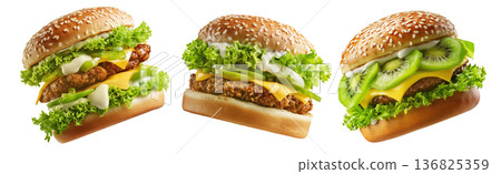 Kiwi burger with beetroot, cheese, onions, lettuce, and sauce isolated on white background, concept of New Zealand fast food Kiwi burger with beetroot, cheese, onions, lettuce, and sauce isolated on white background, concept of New Zealand fast food 136825359