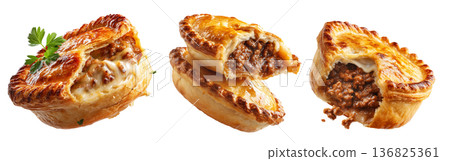 Australia meat pie with minced beef and gravy and crisp flaky crust isolated on white background. Concept of homemade comfort food Australia meat pie with minced beef and gravy and crisp flaky crust isolated on white background. Concept of homemade comfort food 136825361
