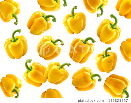 Multiple fresh yellow bell peppers scattered in a seamless pattern, isolated on white background, concept of healthy food Multiple fresh yellow bell peppers scattered in a seamless pattern, isolated on white background, concept of healthy food 136825367
