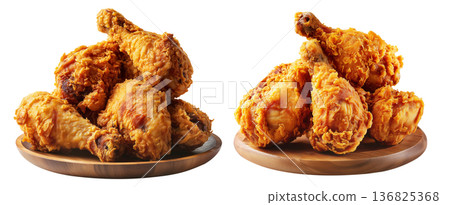 Golden crispy fried chicken drumsticks, isolated on white transparent background. Concept of fast food and comfort meal Golden crispy fried chicken drumsticks, isolated on white transparent background. Concept of fast food and comfort meal 136825368