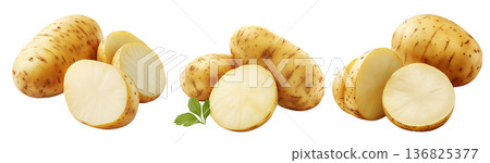 Potato with skin imperfections, isolated on white transparent background, concept of natural produce Potato with skin imperfections, isolated on white transparent background, concept of natural produce 136825377