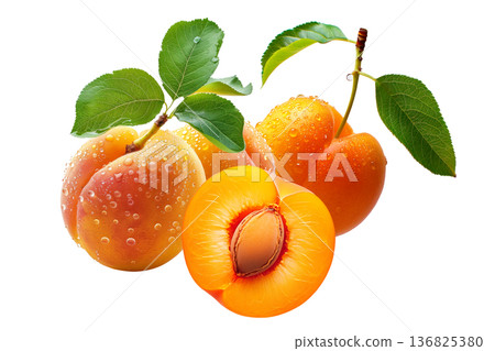 Juicy whole and halved apricots with green leaves and water droplets, on white background, concept of freshness and healthy eating Juicy whole and halved apricots with green leaves and water droplets, on white background, concept of freshness and healthy eating 136825380