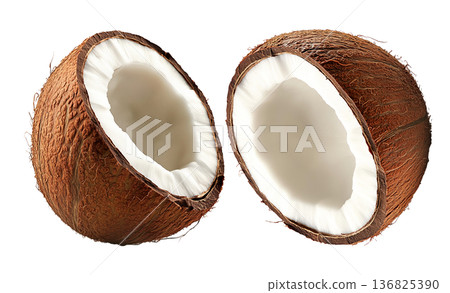 Halved ripe coconuts with fibrous brown shells and white meat, isolated on white background, concept of tropical fruits Halved ripe coconuts with fibrous brown shells and white meat, isolated on white background, concept of tropical fruits 136825390