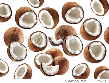 Halved ripe coconuts with fibrous brown shells and white meat, isolated on white background, concept of tropical fruits Halved ripe coconuts with fibrous brown shells and white meat, isolated on white background, concept of tropical fruits 136825391