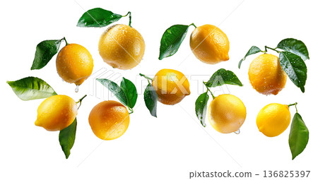 Juicy yellow lemons with green leaves and water drops, isolated on white background. Concept of freshness and citrus Juicy yellow lemons with green leaves and water drops, isolated on white background. Concept of freshness and citrus 136825397