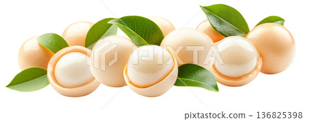 Whole and halved longan fruits with juicy translucent flesh and green leaves isolated on white background Whole and halved longan fruits with juicy translucent flesh and green leaves isolated on white background 136825398