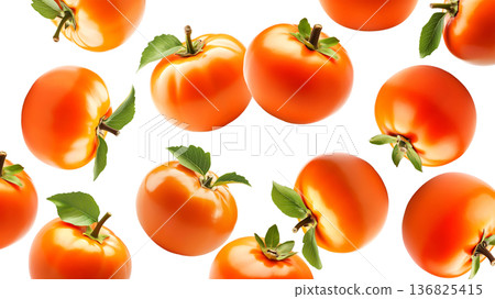 Multiple ripe orange persimmons with green leaves isolated on white background, concept of organic healthy food Multiple ripe orange persimmons with green leaves isolated on white background, concept of organic healthy food 136825415
