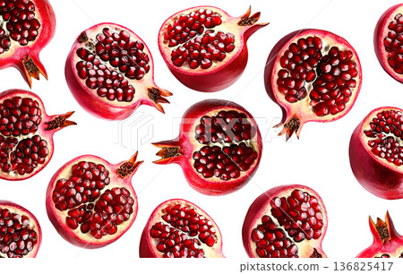 Multiple fresh red pomegranates with water droplets in a seamless pattern, isolated on a white background, concept of freshness Multiple fresh red pomegranates with water droplets in a seamless pattern, isolated on a white background, concept of freshness 136825417