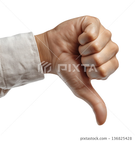 Close-up of male hand doing thumbs down sign isolated on white background. Concept of disapproval, rejection, or negative feedback Close-up of male hand doing thumbs down sign isolated on white background. Concept of disapproval, rejection, or negative feedback 136825428