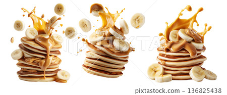 Stack of pancakes topped with banana slices and peanut butter splash isolated on white transparent background Stack of pancakes topped with banana slices and peanut butter splash isolated on white transparent background 136825438