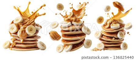 Stack of pancakes topped with banana slices and peanut butter splash isolated on white transparent background 136825440