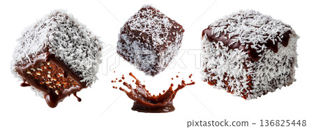 Chocolate-coated sponge lamington sponge cake covered in shredded coconut isolated on white background Chocolate-coated sponge lamington sponge cake covered in shredded coconut isolated on white background 136825448