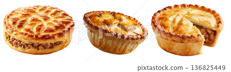 Australia meat pie with minced beef and gravy and crisp flaky crust isolated on white background. Concept of homemade comfort food Australia meat pie with minced beef and gravy and crisp flaky crust isolated on white background. Concept of homemade comfort food 136825449