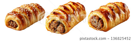 Australia sausage roll with golden puff pastry and meat filling, isolated on white background, concept of baked snacks Australia sausage roll with golden puff pastry and meat filling, isolated on white background, concept of baked snacks 136825452