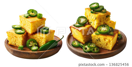 Spicy cornbread squares with fresh jalapeno slices on wooden plate, isolated on white transparent background 136825456