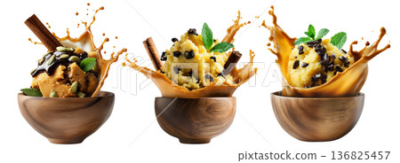 Yellow ice cream with chocolate chips, molasses and mint leaves in wooden bowl, surrounded by splash of caramel, isolated on white Yellow ice cream with chocolate chips, molasses and mint leaves in wooden bowl, surrounded by splash of caramel, isolated on white 136825457