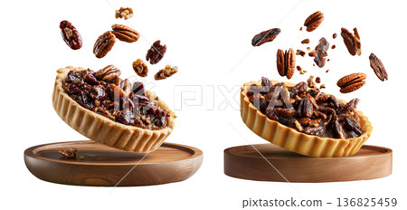 Sweet glazed pecan tart pie with golden crust and caramelized nut topping, isolated on white background, concept of dessert 136825459