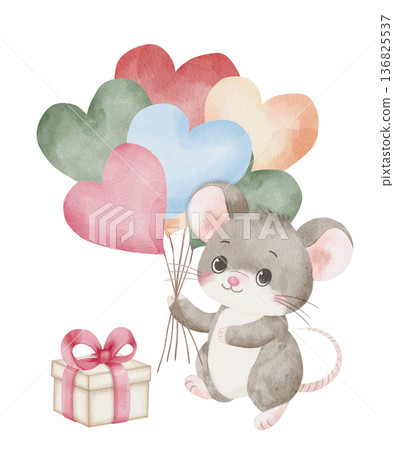 Cute watercolor gray mouse holding colorful heart-shaped balloons and gift box with pink satin bow. Illustration isolated on white background. For children's cards, holiday decorations, and design Cute watercolor gray mouse holding colorful heart-shaped balloons and gift box with pink satin bow. Illustration isolated on white background. For children's cards, holiday decorations, and design 136825537
