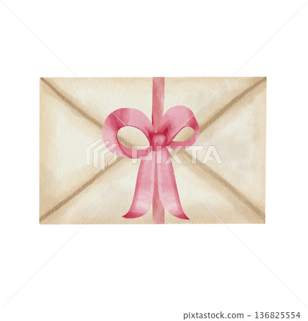 Watercolor vintage envelope with an elegant pink bow. Illustration, hand-drawn, isolated on white background, for romantic greeting cards, stationery design, invitation and decorative projects Watercolor vintage envelope with an elegant pink bow. Illustration, hand-drawn, isolated on white background, for romantic greeting cards, stationery design, invitation and decorative projects 136825554