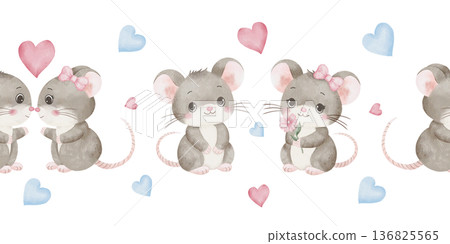 Cute seamless border with watercolor illustrations of mice, bows, pink and blue heart. Design for children's nursery decor, romantic Valentine's projects, baby shower. White background, hand-drawn 136825565