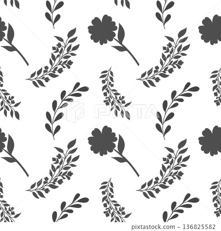Elegant seamless pattern black and white with silhouettes of daisies and branches. Hand-drawn, white background. For wallpaper, fabric, textiles, interior decor, stationery, wrapping paper Elegant seamless pattern black and white with silhouettes of daisies and branches. Hand-drawn, white background. For wallpaper, fabric, textiles, interior decor, stationery, wrapping paper 136825582