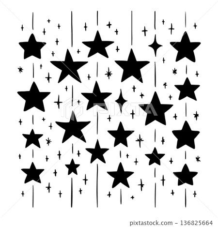Black stars and sparkles pattern on white background for creative designs and decorations 136825664