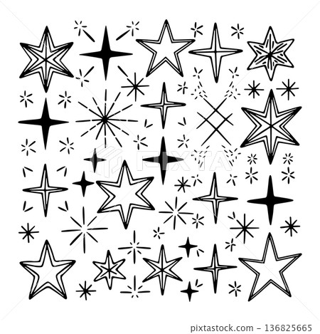 Star patterns in various shapes and sizes create a decorative display for creative projects and designs 136825665