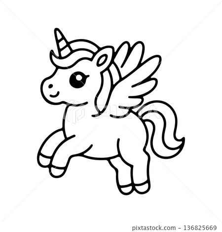 Cute winged unicorn jumping playfully in a simple black and white design for children s coloring or art projects 136825669