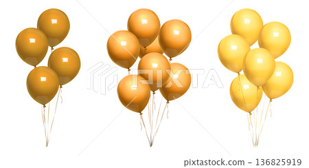 Golden balloon bday bunch, 3d birthday balls float on ribbon. Beige minimal vector balons on thin string, happy anniversary party decor mockup. Air helium inflated bound event congratulation gift Golden balloon bday bunch, 3d birthday balls float on ribbon. Beige minimal vector balons on thin string, happy anniversary party decor mockup. Air helium inflated bound event congratulation gift 136825919