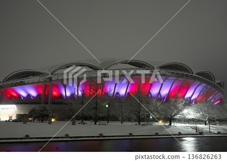 Snowy scenery and the night view of Big Swan (Niigata City, Niigata Prefecture) 136826263