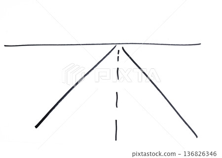 a straight road in the plain drawn with a black marker 136826346