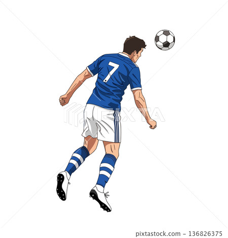 Focused soccer player skillfully heading the ball during an intense match, demonstrating athleticism and precision 136826375
