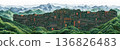 Futuristic Urban Landscape Merging with Majestic Mountains and Lush Greenery in Vibrant Style 136826483