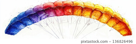 Colorful Paragliding Canopy with Vibrant Gradient from Purple to Yellow in Artistic Style 136826496