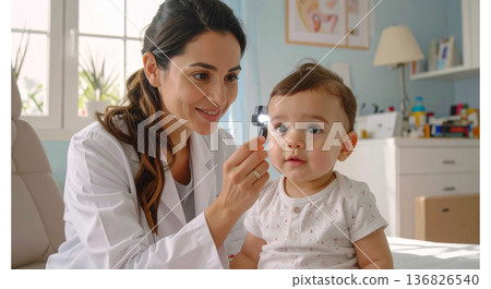 Pediatric eye doctor checks ear of infant with a small light tool in a bright clinic 136826540