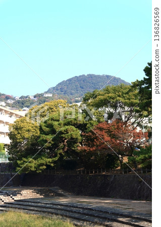 位於兵庫縣西宮市的宿川公園,秋葉正值盛期,遠處可見兜山(豎圖) 位於兵庫縣西宮市的宿川公園,秋葉正值盛期,遠處可見兜山(豎圖) 136826569