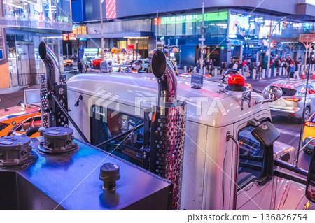 Truck at Times Square with city traffic and neon lights in New York City 136826754