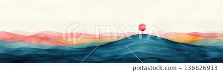 Red Balloon on a Hill Surrounded by Soft Colorful Layers of Abstract Mountains and Sky 136826913