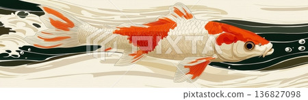 Vibrant Koi Fish Swimming Gracefully Through Clear Water With Whimsical Patterns 136827098