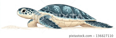 Elegant Sea Turtle Illustration on Sandy Beach with Detailed Shell Patterns and Textures 136827110