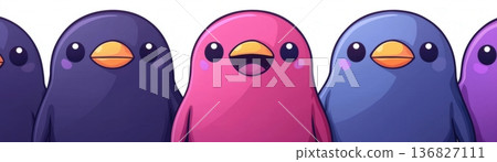 Colorful cartoon birds with cheerful expressions in a vibrant and playful composition 136827111