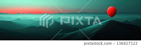 Vibrant Red Balloon Against Serene Mountain Landscape at Dawn with Soft Color Gradients 136827122