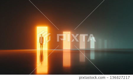 一個人的剪影站在一道光之門前：象徵成長、成功和未來選擇的抽象圖像 136827217