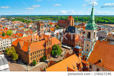 Aerial panoramic view of historical buildings and roofs in Polish medieval town Torun 136827296