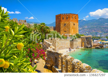 Panoramic view of the harbor of Alanya on a beautiful summer day. Alanya, Turkey  136827297